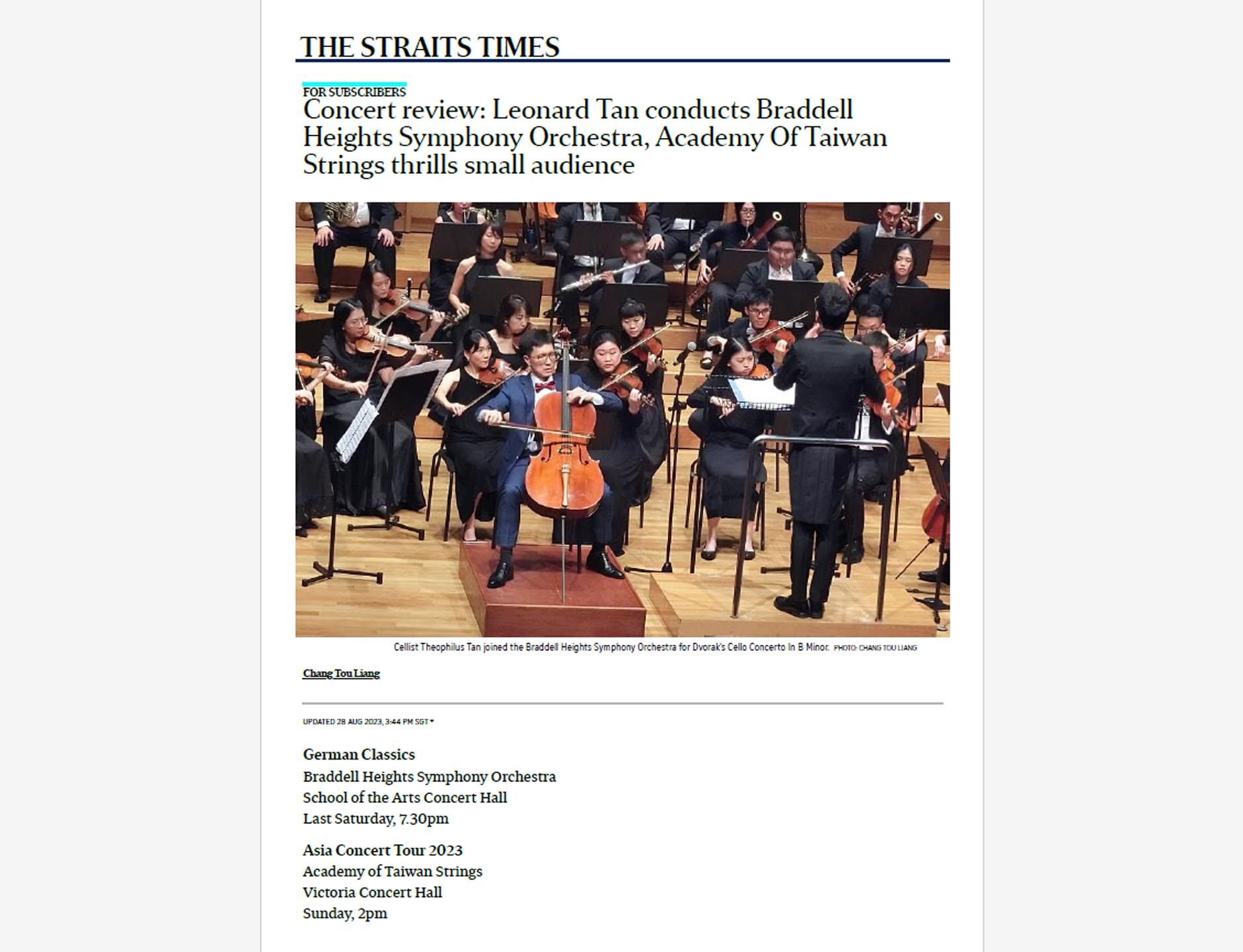 Academy of Taiwan Strings’ Asian tour joined by eight string players from re:Sound in their Singapore concert. Theophilus Tan founding member of Concordia Quartet performs Dvorak’s Cello Concerto In B Minor